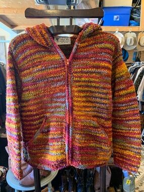 Colourful World Folk Art Handknit Wool Hooded Zip Sweater - Multicolor Stripes
